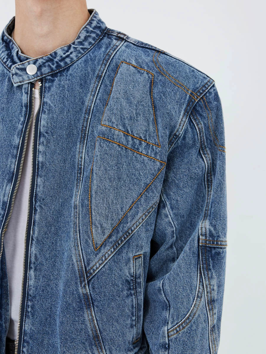 Abstract Stitch Boxy Biker Denim Jacket - Image 4