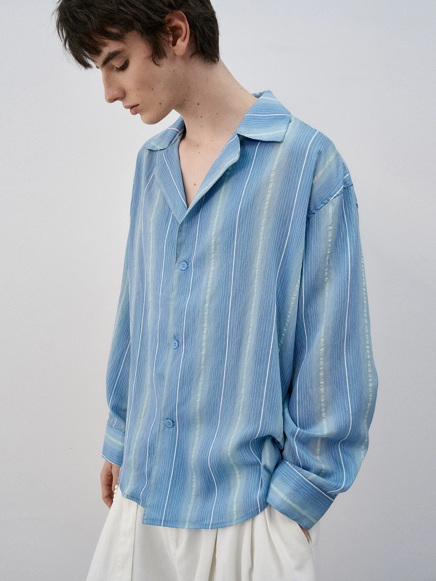 Abstract Stripe Camp Collar Long Sleeve Button Shirt - Image 2