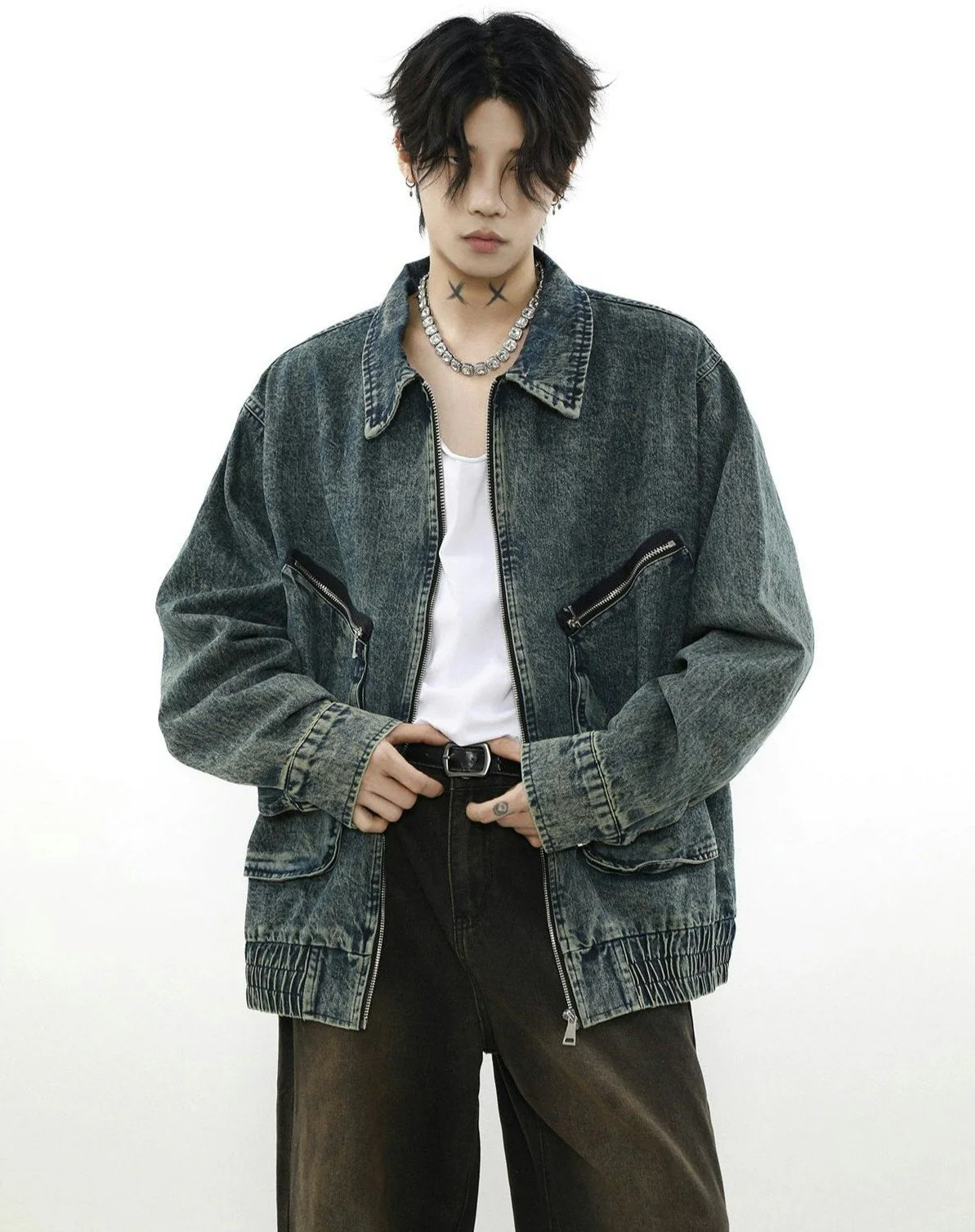 Acid Wash Denim Bomber Jacket with Zip Pockets - Image 2