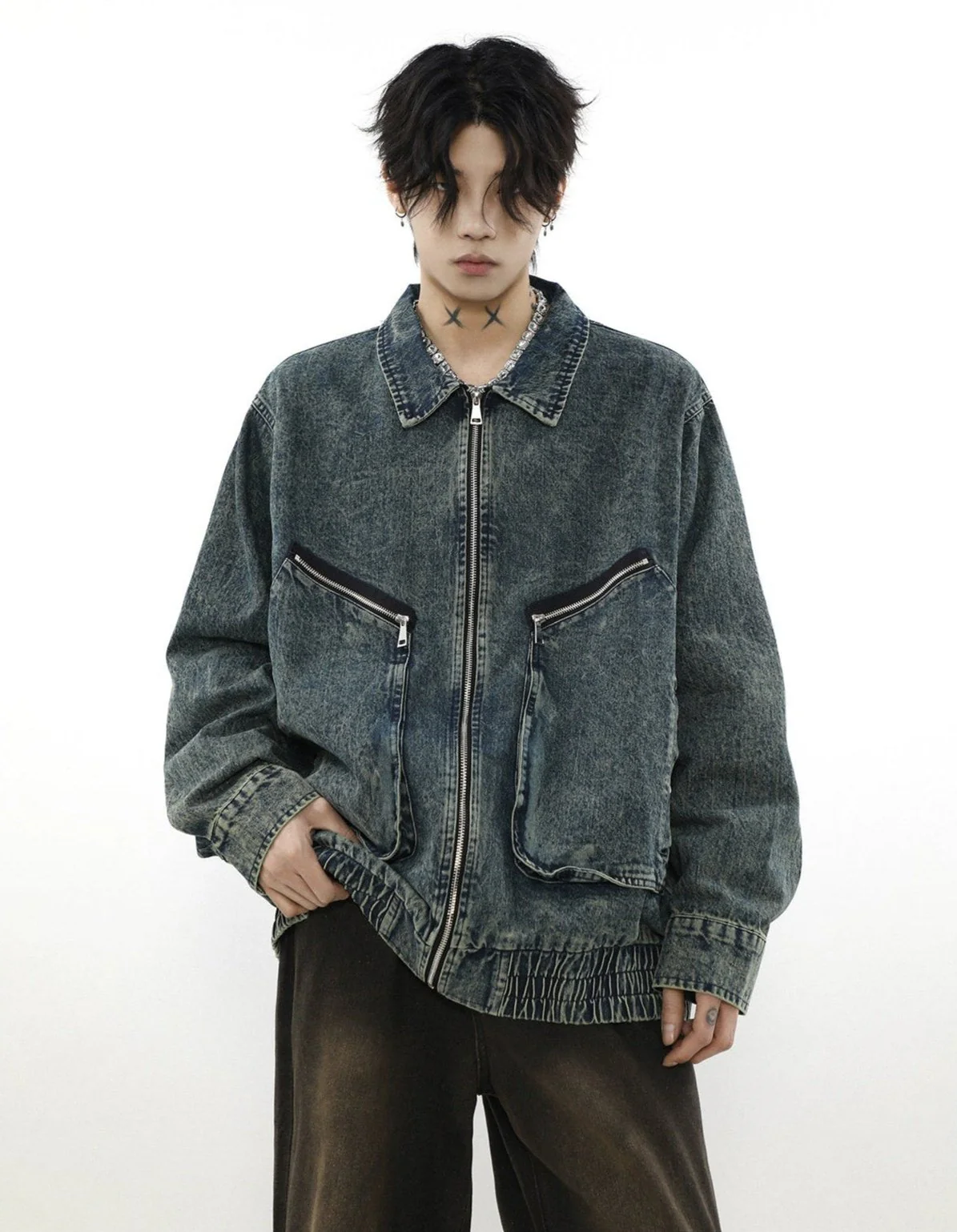 Acid Wash Denim Bomber Jacket with Zip Pockets - Image 3