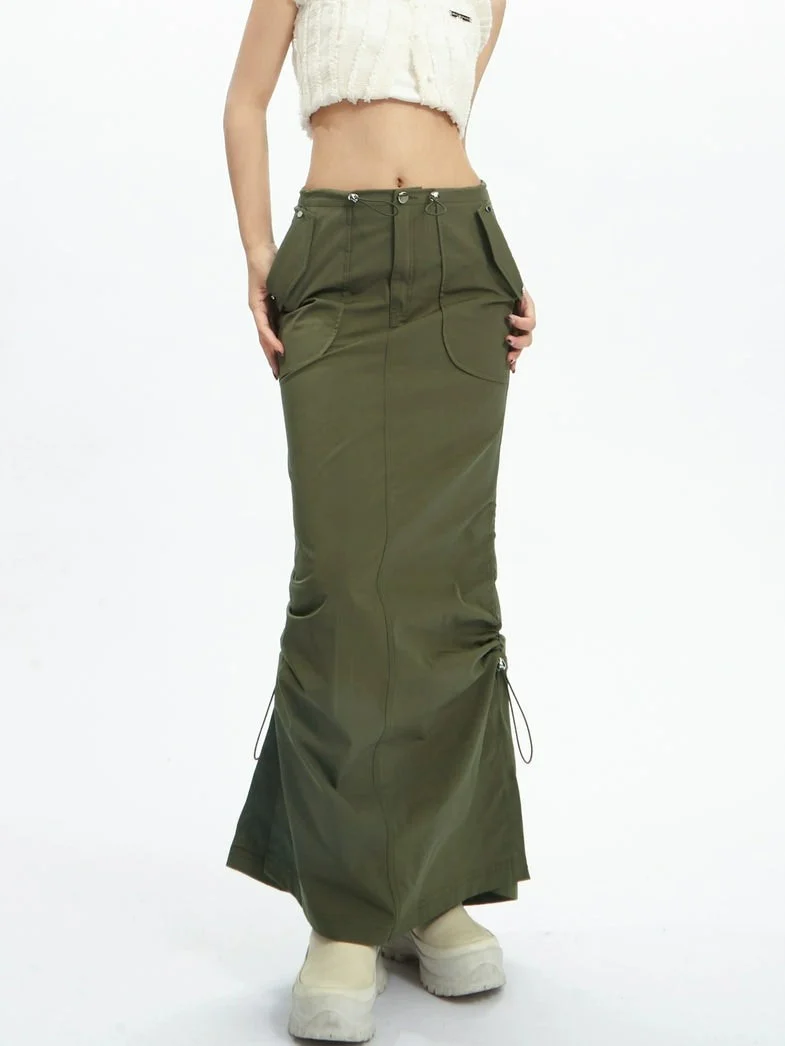 Adjustable Drawstring Midi Cargo Skirt - Image 3