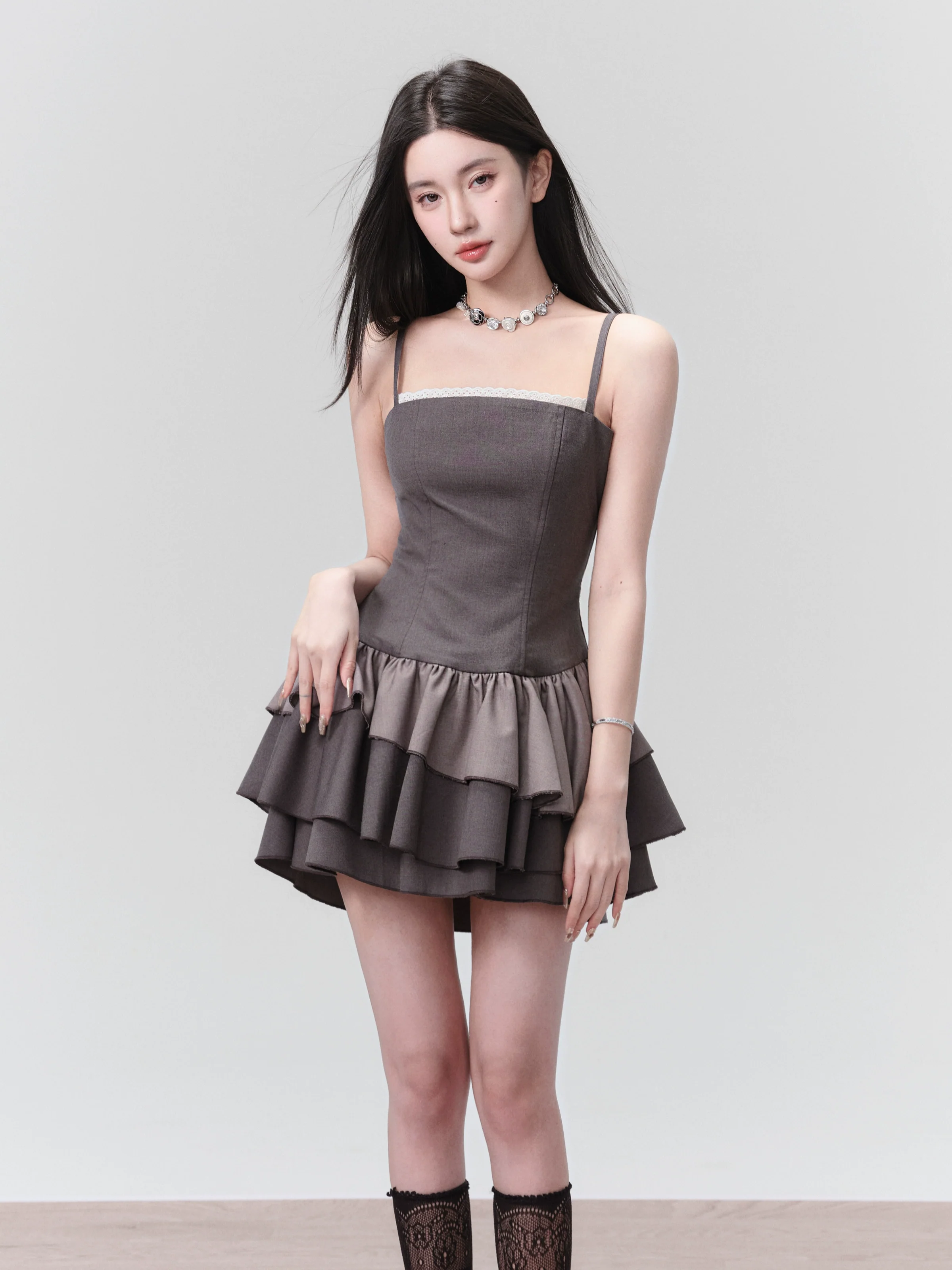 Adjustable Spaghetti Straps Tiered Ruffle Mini Dress