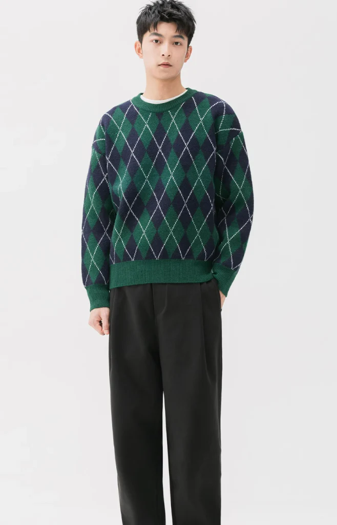 Argyle Pattern Ribbed Trim Sweatshirt - Image 10