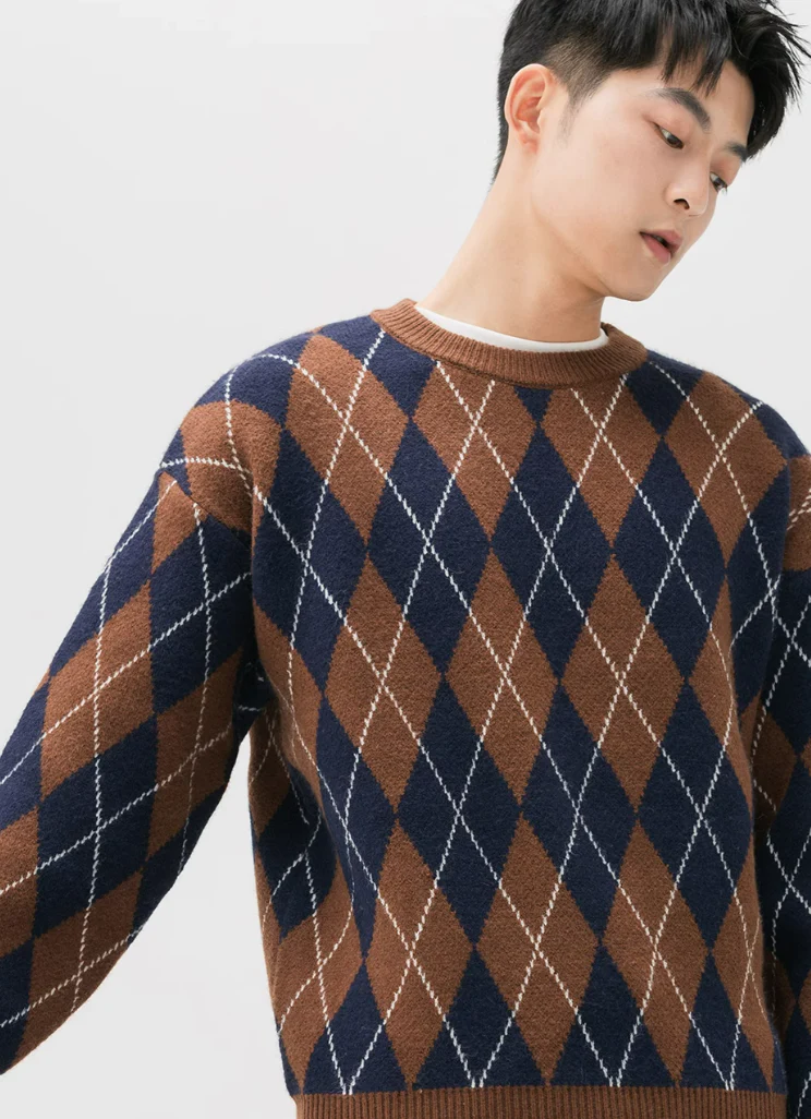 Argyle Pattern Ribbed Trim Sweatshirt - Image 13