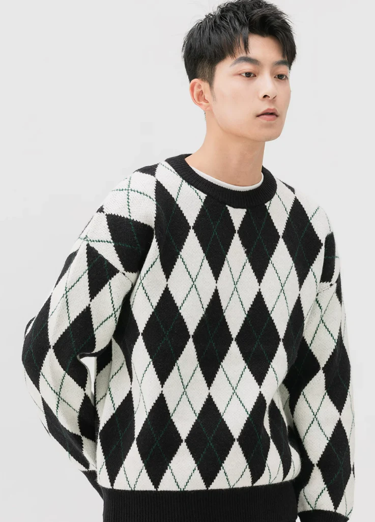 Argyle Pattern Ribbed Trim Sweatshirt - Image 2