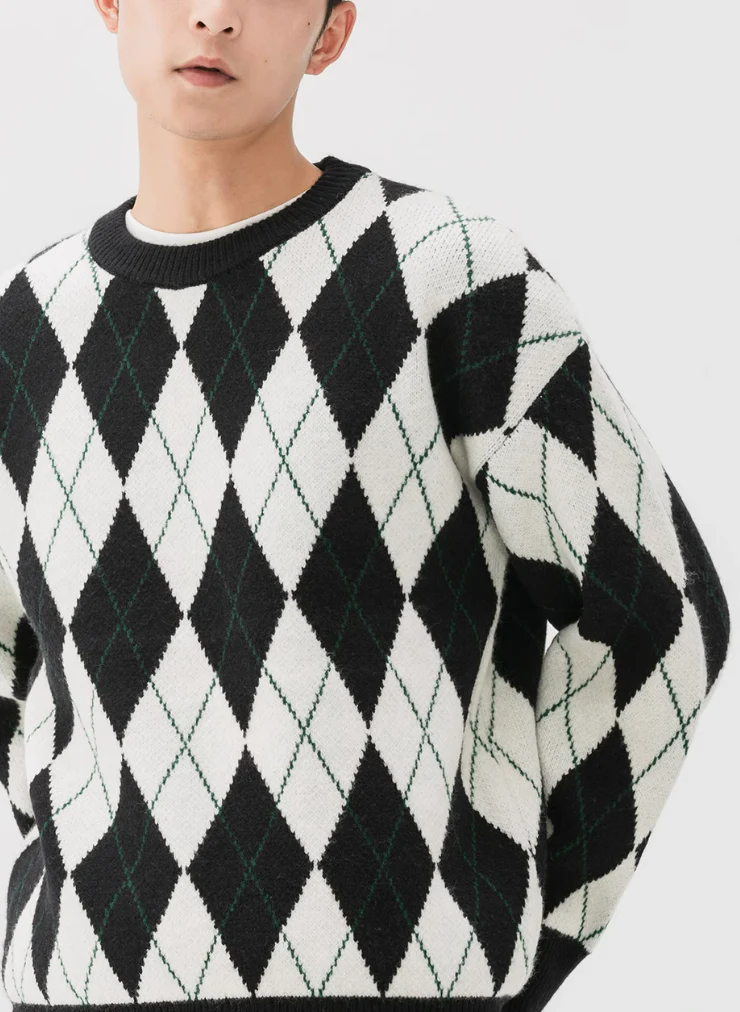 Argyle Pattern Ribbed Trim Sweatshirt - Image 3