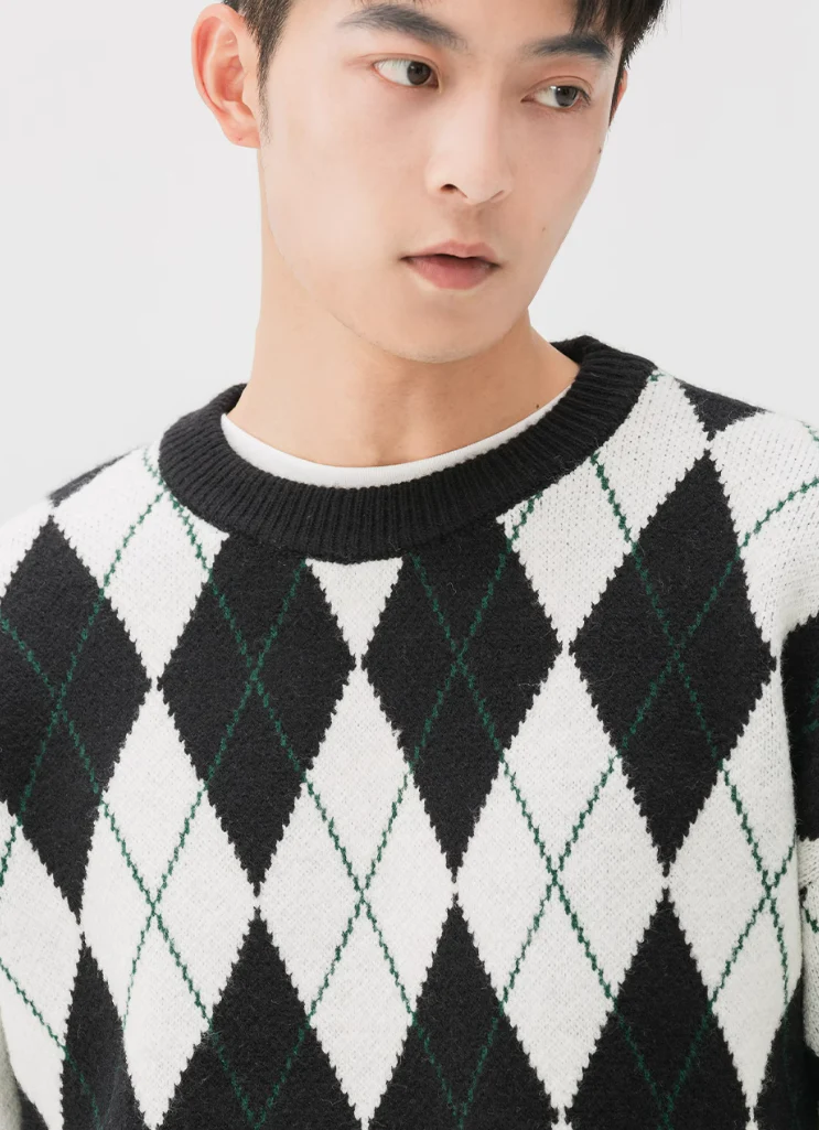 Argyle Pattern Ribbed Trim Sweatshirt - Image 4