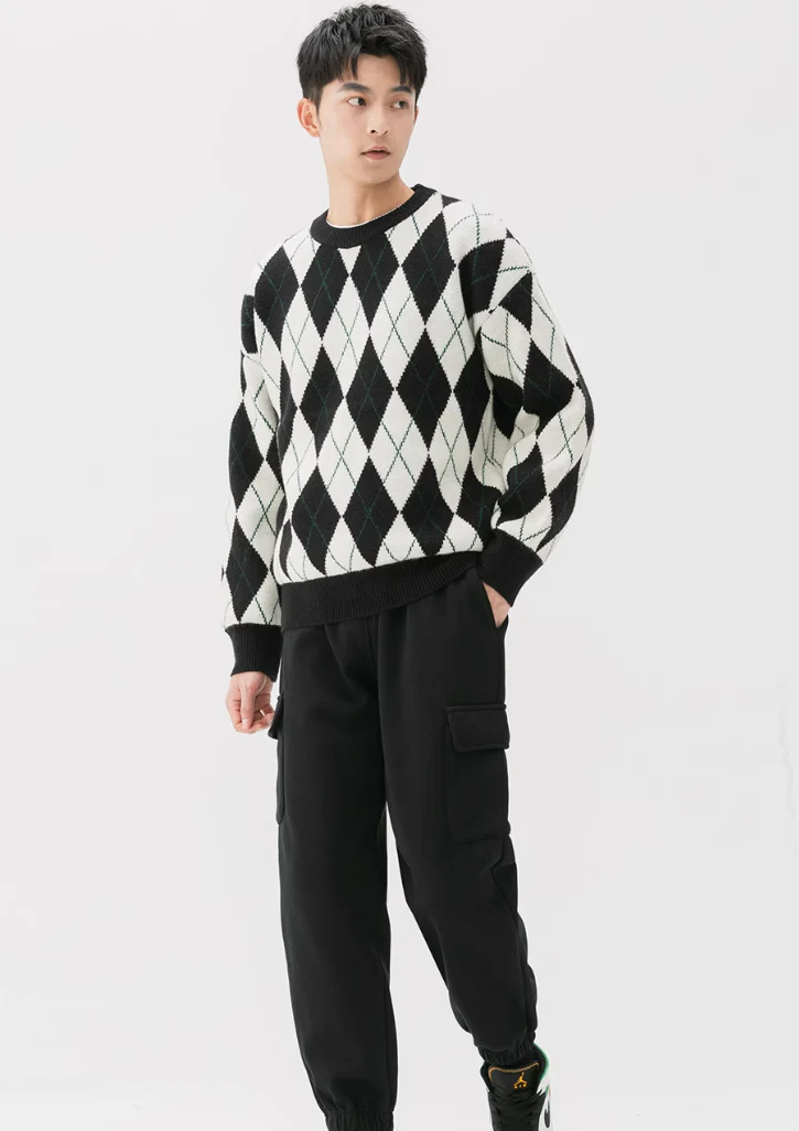 Argyle Pattern Ribbed Trim Sweatshirt - Image 5