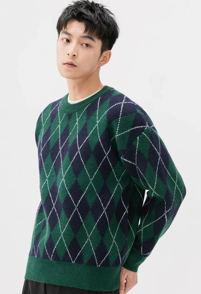 Argyle Pattern Ribbed Trim Sweatshirt - Image 6