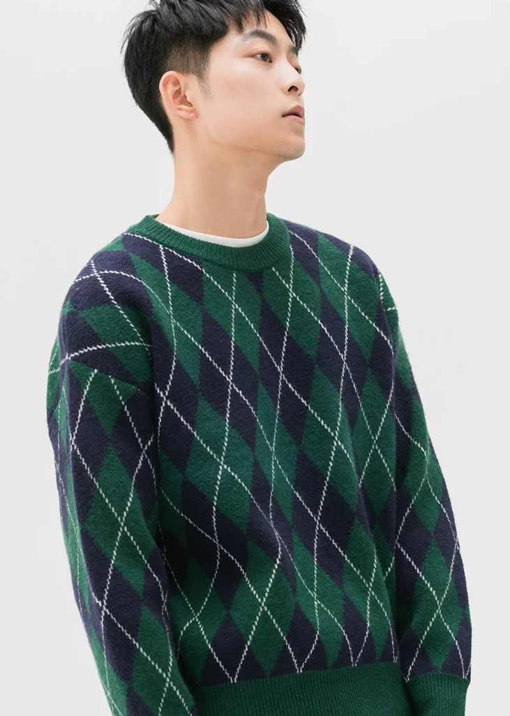 Argyle Pattern Ribbed Trim Sweatshirt - Image 7