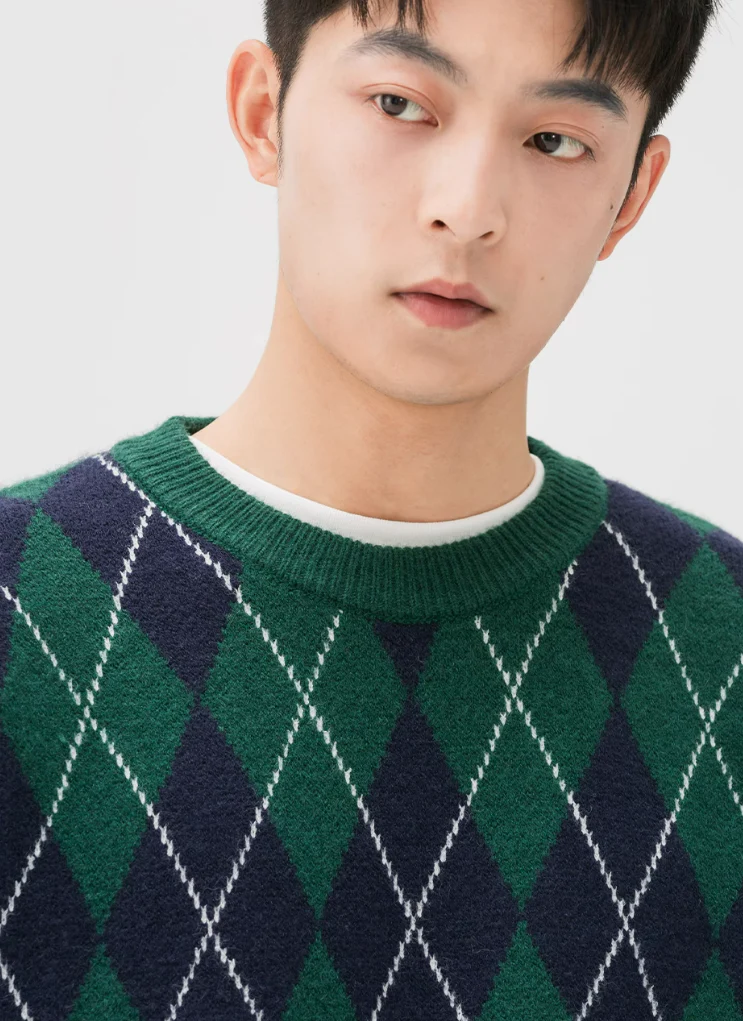 Argyle Pattern Ribbed Trim Sweatshirt - Image 8