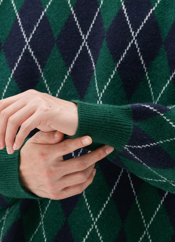 Argyle Pattern Ribbed Trim Sweatshirt - Image 9