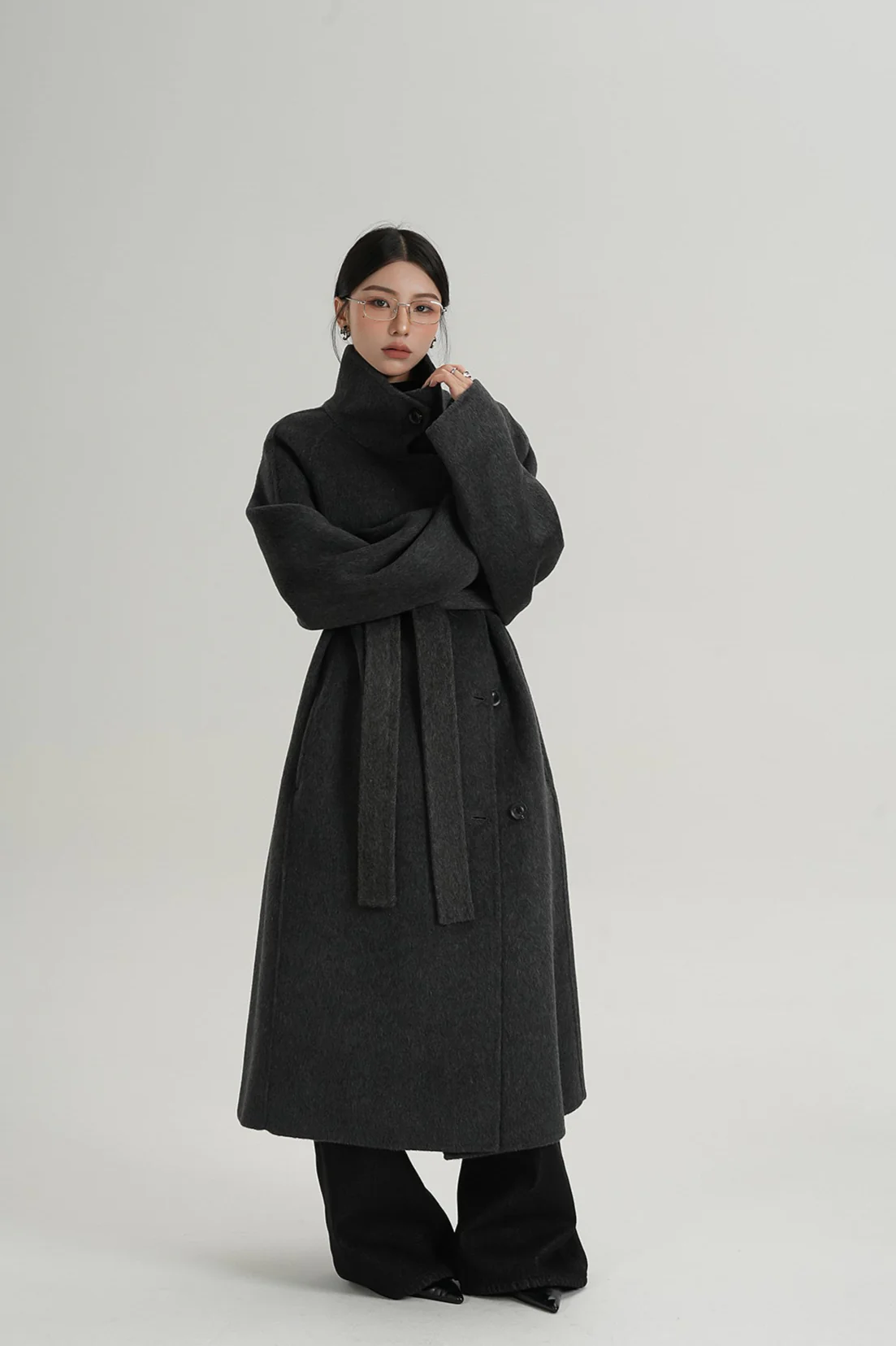 Asymmetric Button Belted Long Coat - Image 6