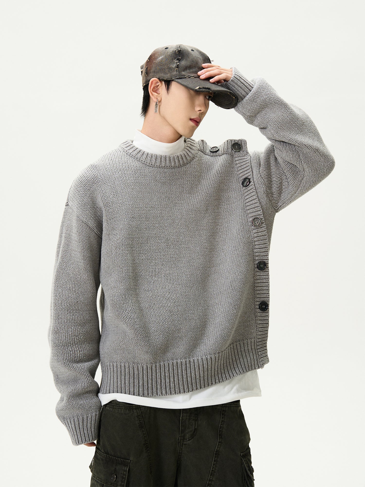 Asymmetric Button-Detail Knit Sweater - Image 3