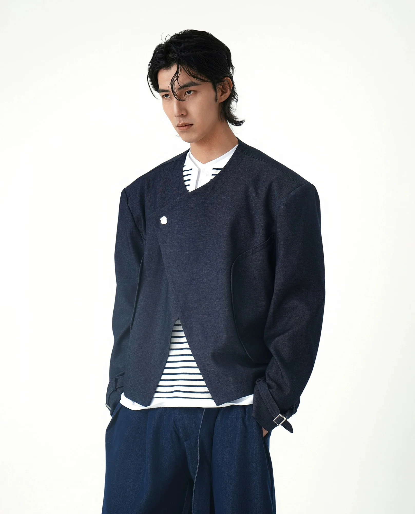Asymmetric Button Mid Crop Jacket with Buckled Cuffs - Image 2