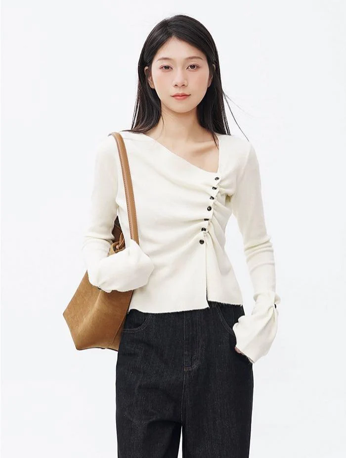 Asymmetric Button Ruched Long Sleeve Top - Image 2