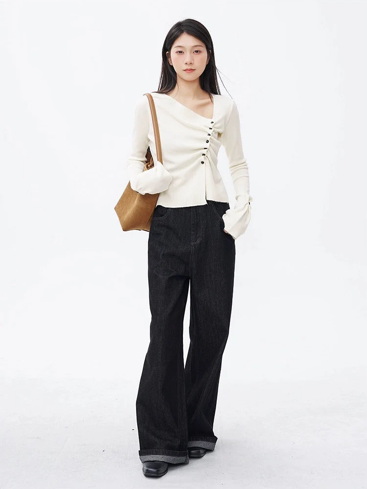 Asymmetric Button Ruched Long Sleeve Top - Image 3