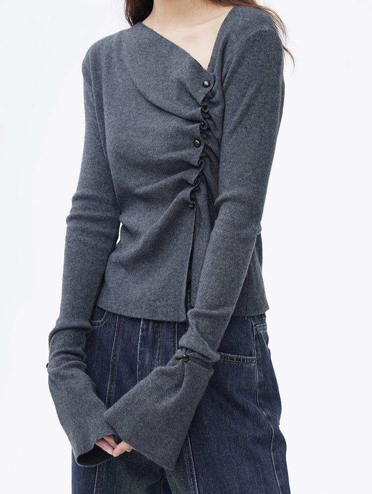 Asymmetric Button Ruched Long Sleeve Top - Image 5