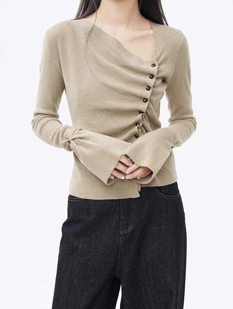 Asymmetric Button Ruched Long Sleeve Top - Image 8