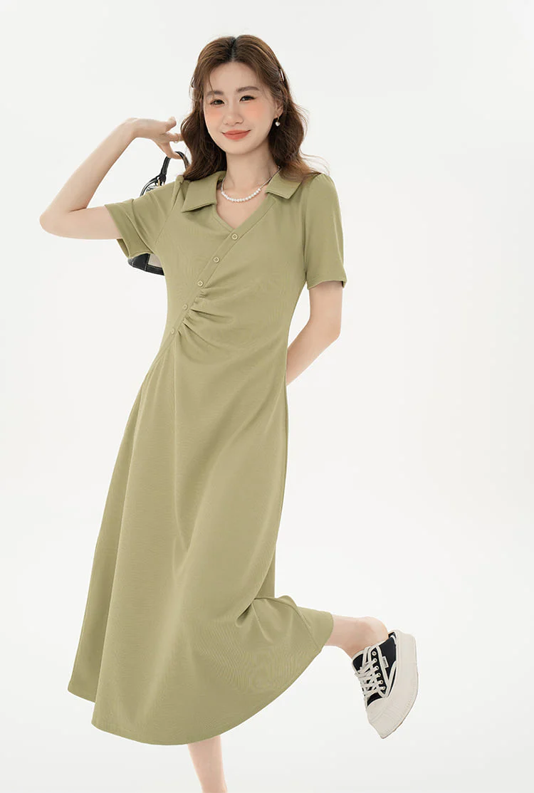 Asymmetric Button Ruched Midi Dress - Image 2