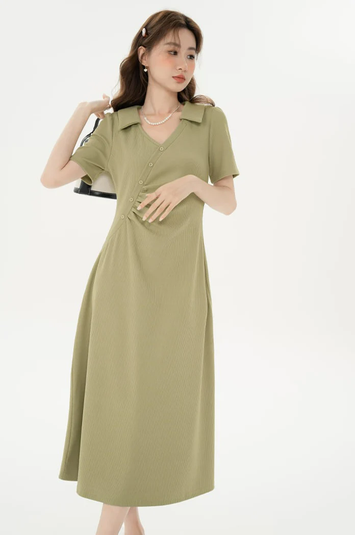 Asymmetric Button Ruched Midi Dress - Image 4
