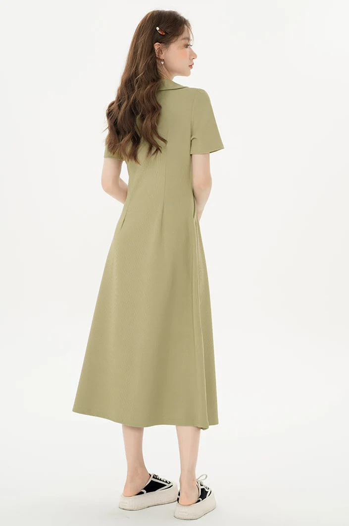 Asymmetric Button Ruched Midi Dress - Image 6