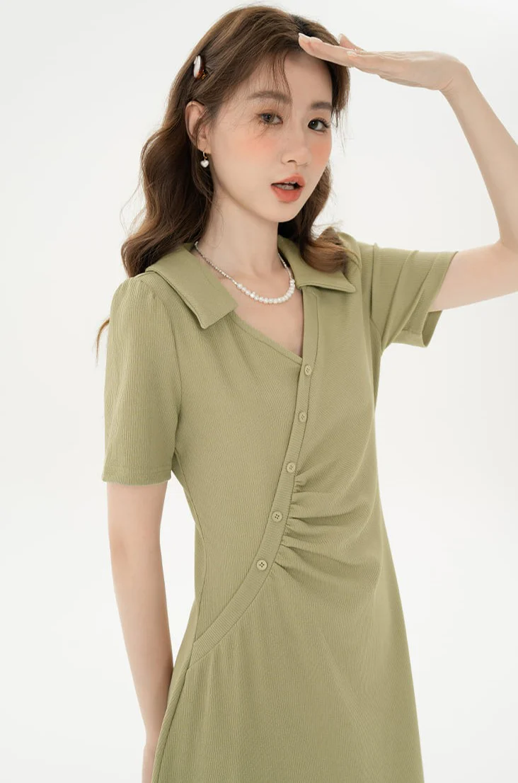 Asymmetric Button Ruched Midi Dress - Image 7