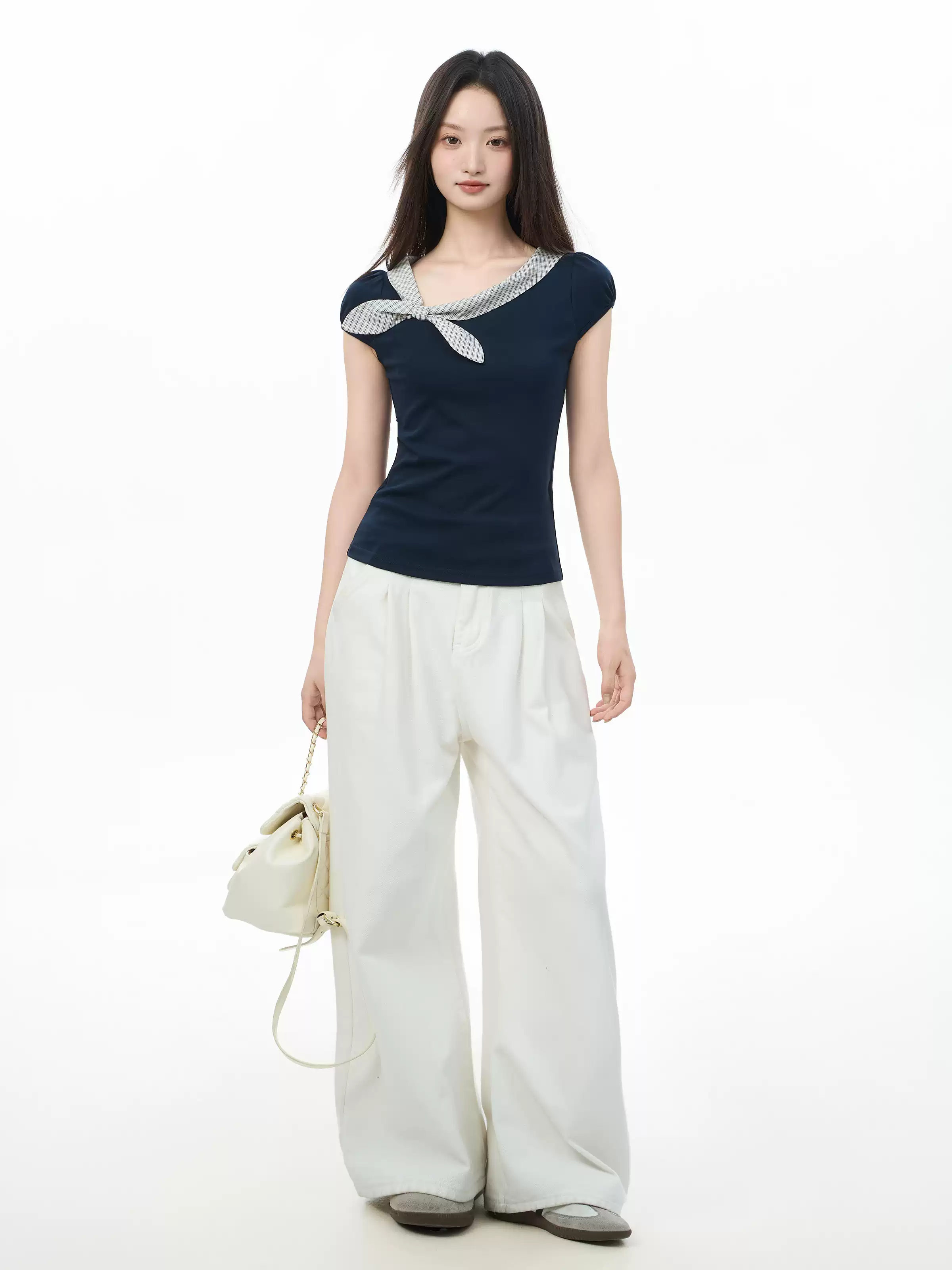 Asymmetric Checker Collar Cap Sleeve Top - Image 4