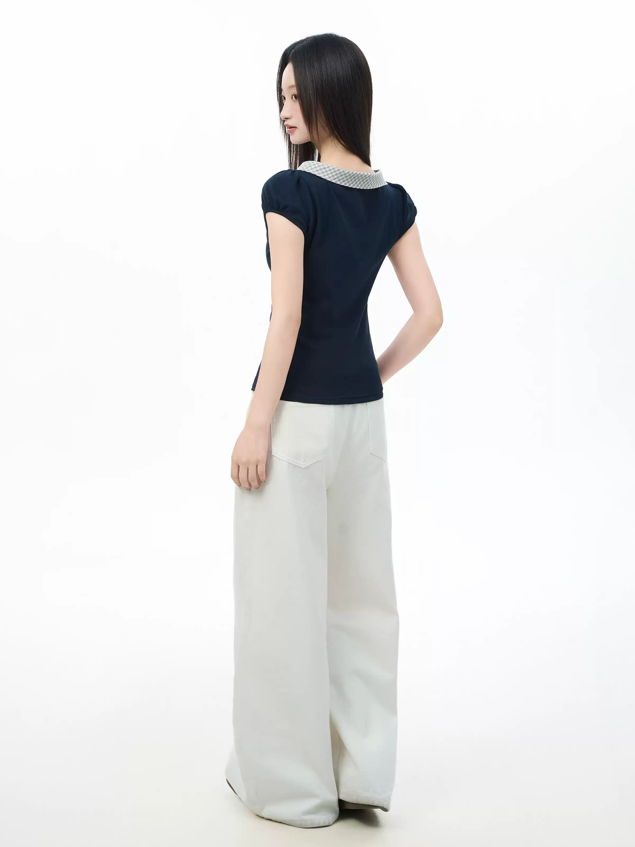 Asymmetric Checker Collar Cap Sleeve Top - Image 5