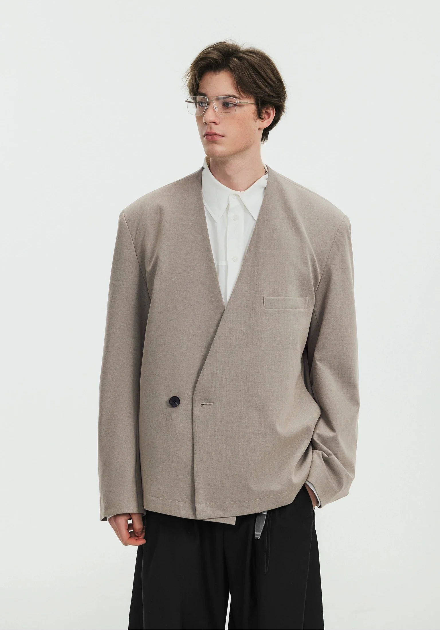 Asymmetric Collarless Oversized Wrap Blazer - Image 2