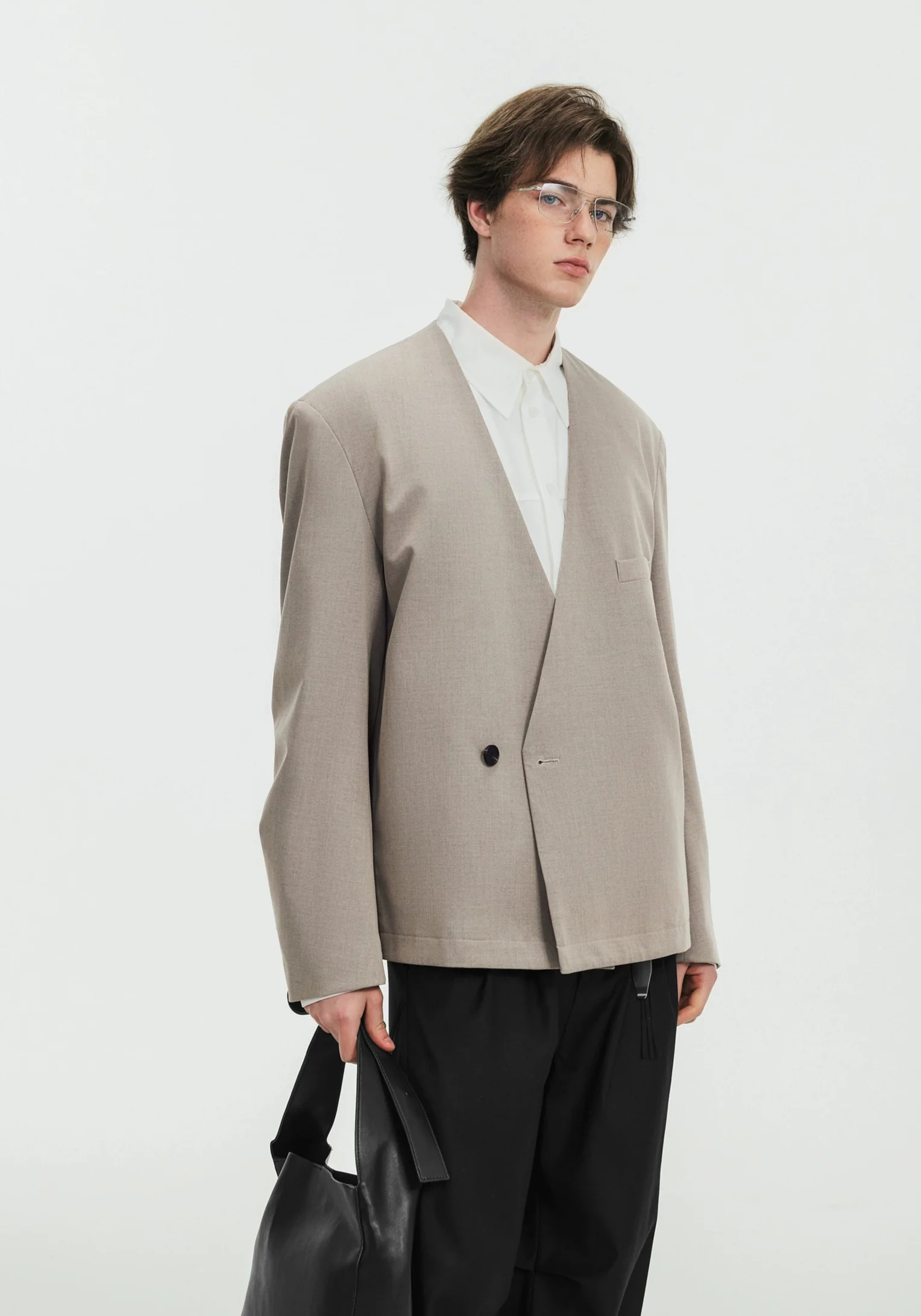 Asymmetric Collarless Oversized Wrap Blazer - Image 3