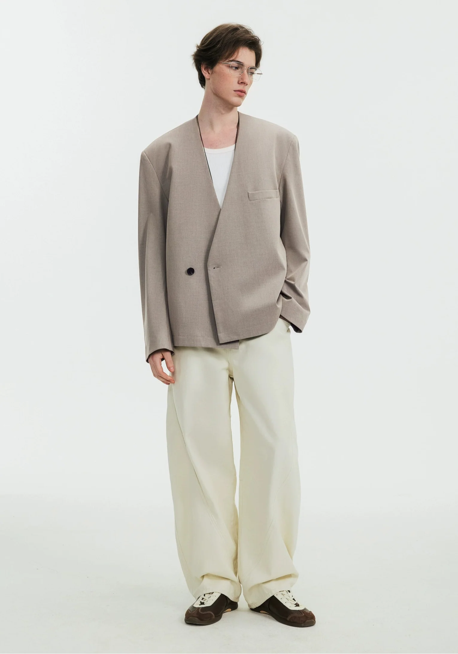 Asymmetric Collarless Oversized Wrap Blazer - Image 5