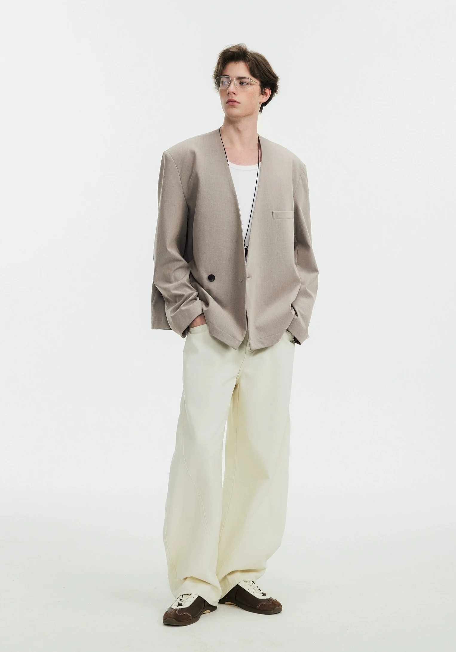 Asymmetric Collarless Oversized Wrap Blazer - Image 6