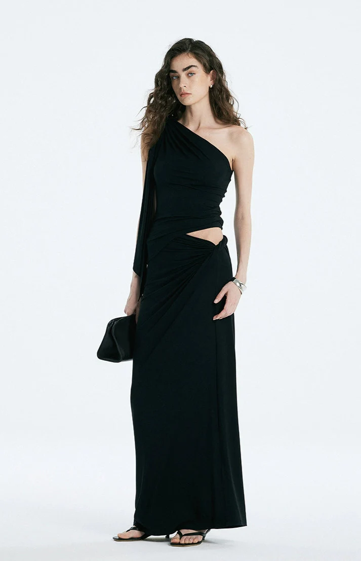 Asymmetric Drape One Shoulder Top and Gathered Twist Maxi Skirt Two-Piece Set - Image 2