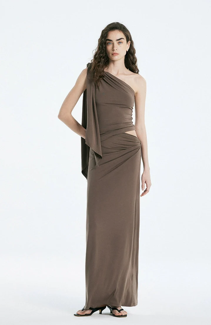 Asymmetric Drape One Shoulder Top and Gathered Twist Maxi Skirt Two-Piece Set - Image 8