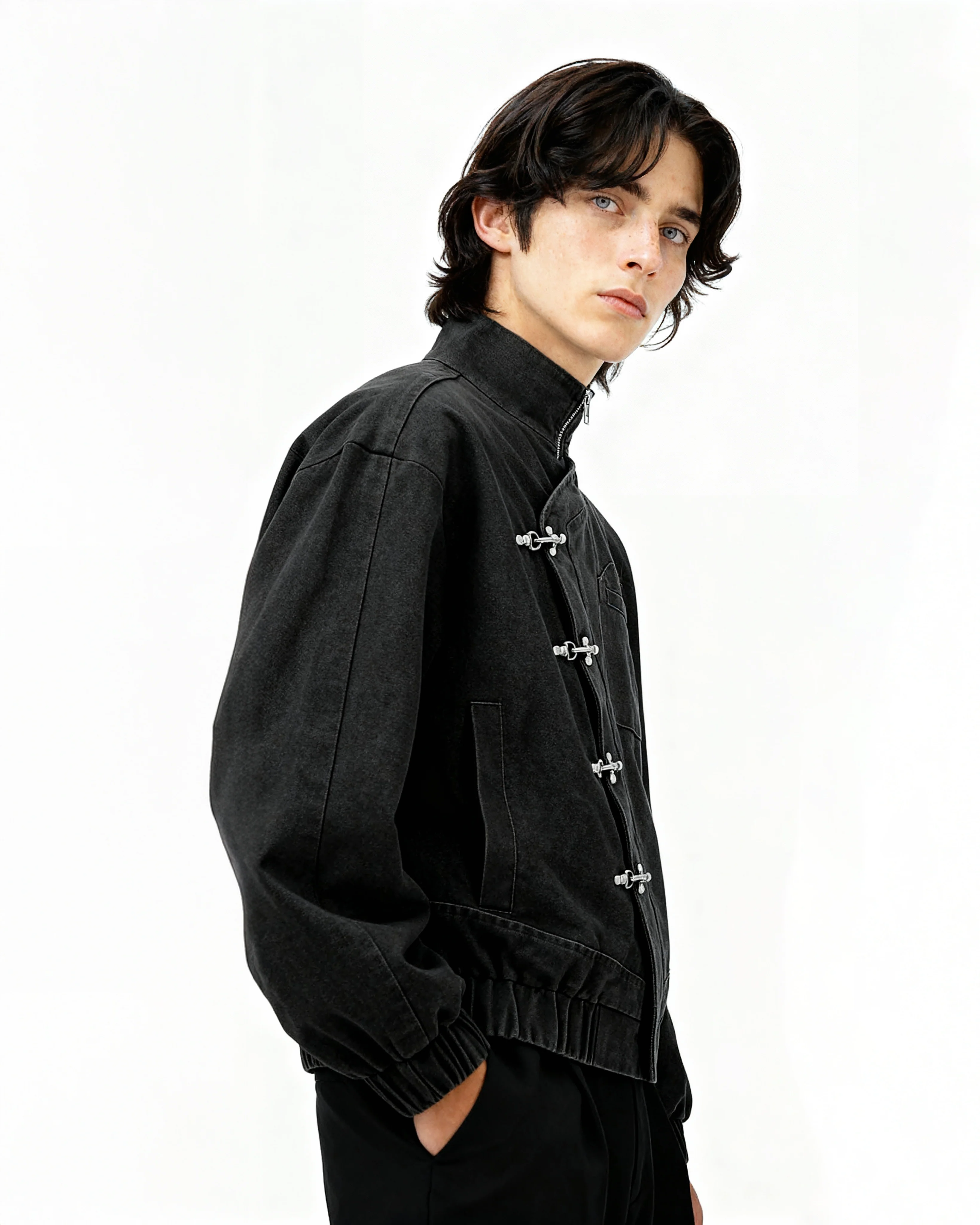 Asymmetric Fireman Buckle Elastic Hem Denim Jacket - Image 3