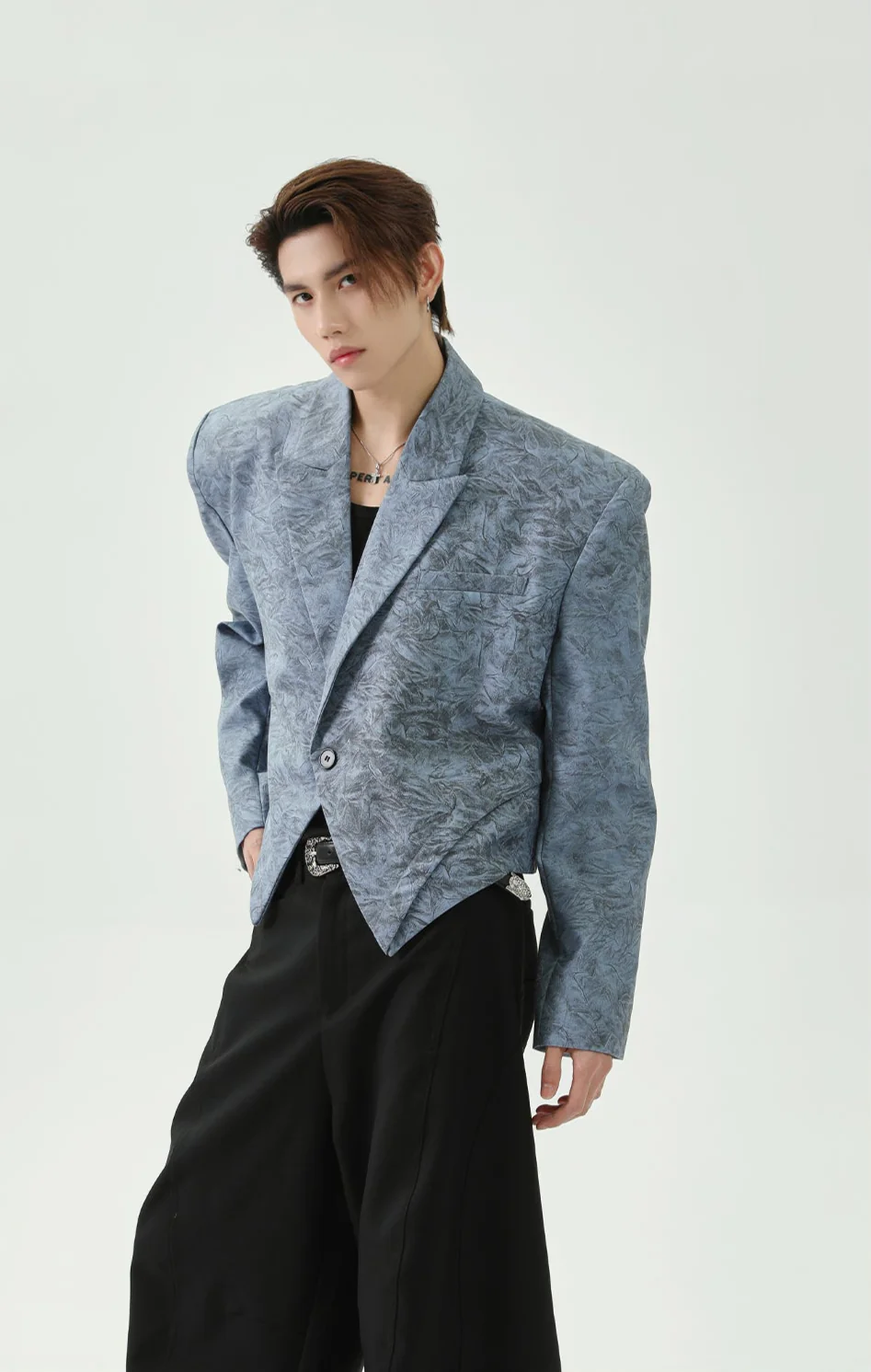 Asymmetric Hem Abstract Print Single-Breasted Boxy Blazer - Image 3