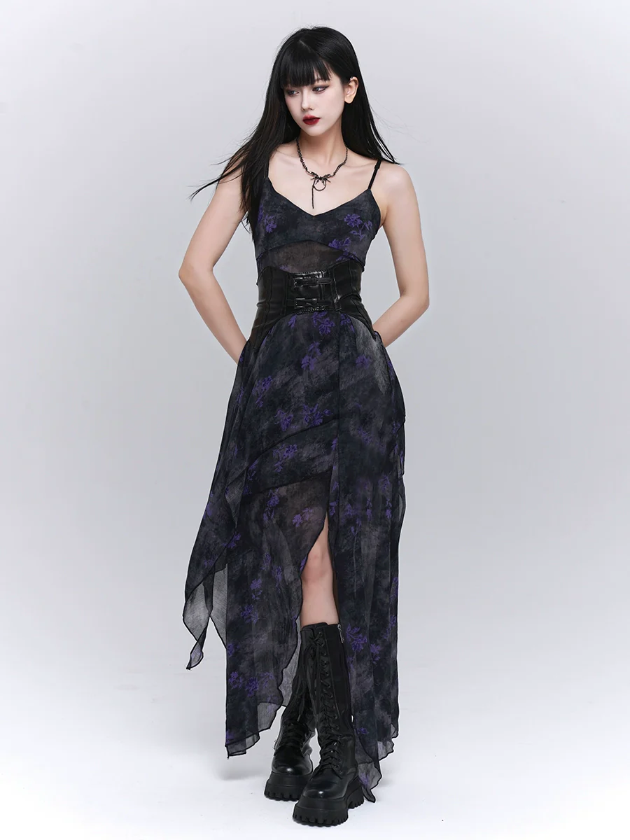 Asymmetric Hem Floral Sheer Overlay Dress - Image 3