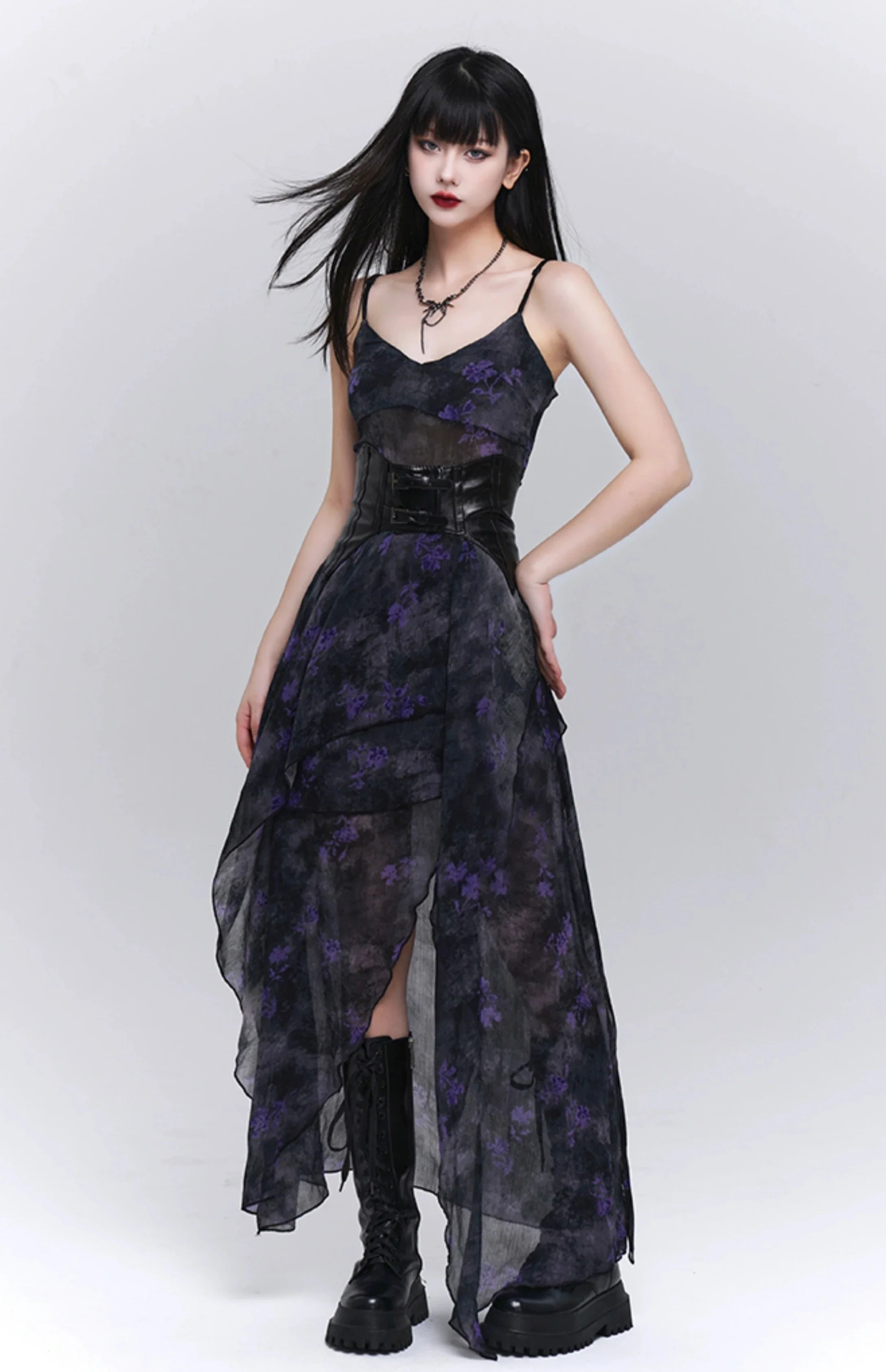Asymmetric Hem Floral Sheer Overlay Dress - Image 7