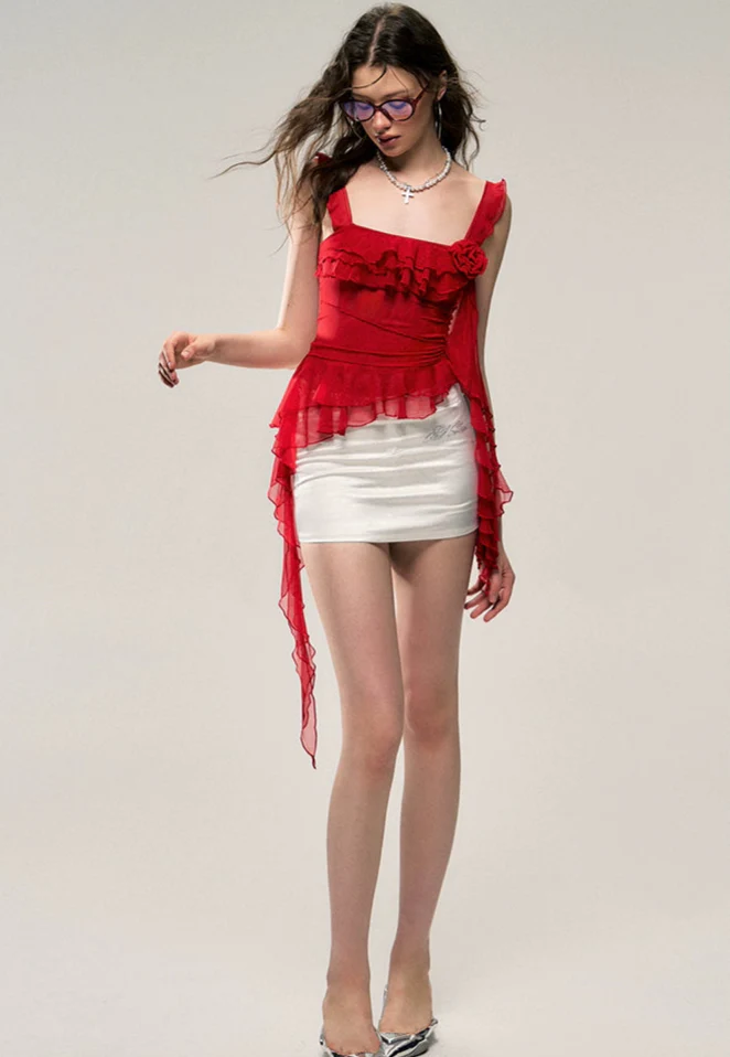 Asymmetric Hem Ruffled Sleeveless Top with Floral Accent - Image 11