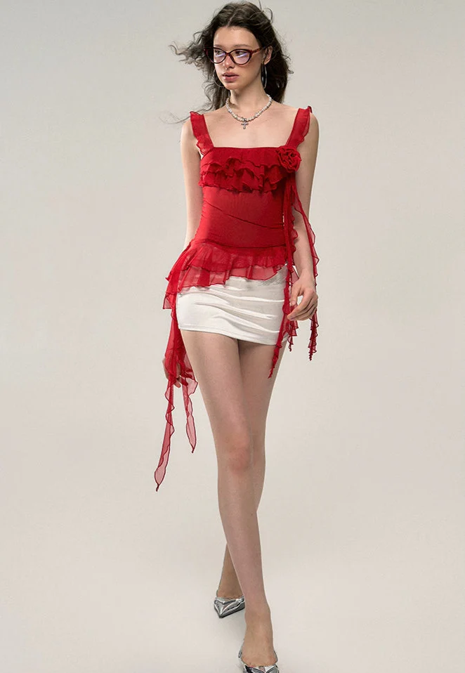 Asymmetric Hem Ruffled Sleeveless Top with Floral Accent - Image 12
