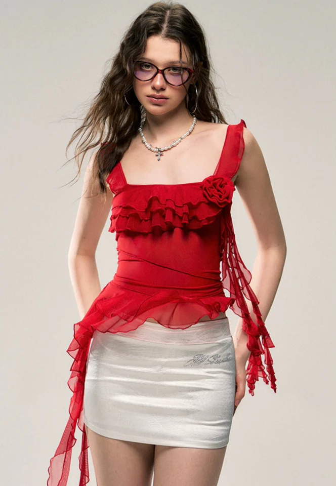 Asymmetric Hem Ruffled Sleeveless Top with Floral Accent - Image 6