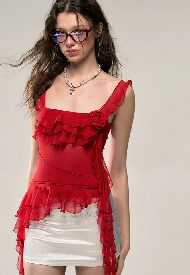 Asymmetric Hem Ruffled Sleeveless Top with Floral Accent - Image 7