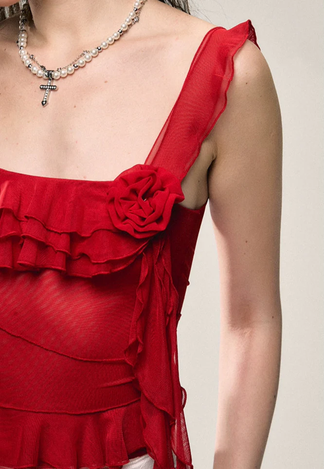 Asymmetric Hem Ruffled Sleeveless Top with Floral Accent - Image 8