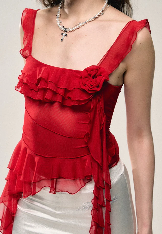 Asymmetric Hem Ruffled Sleeveless Top with Floral Accent - Image 9