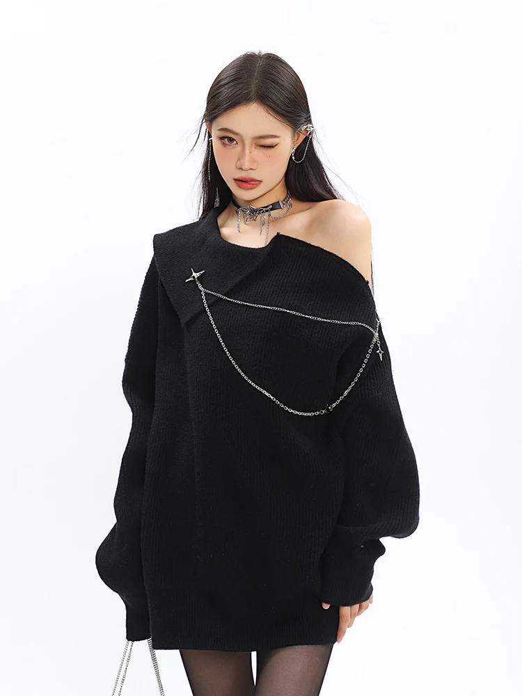 Asymmetric Off Shoulder Knit Long Top with Chain Accessory - Image 13