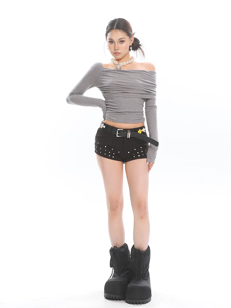 Asymmetric Off Shoulder Long Sleeve Crop Top - Image 20