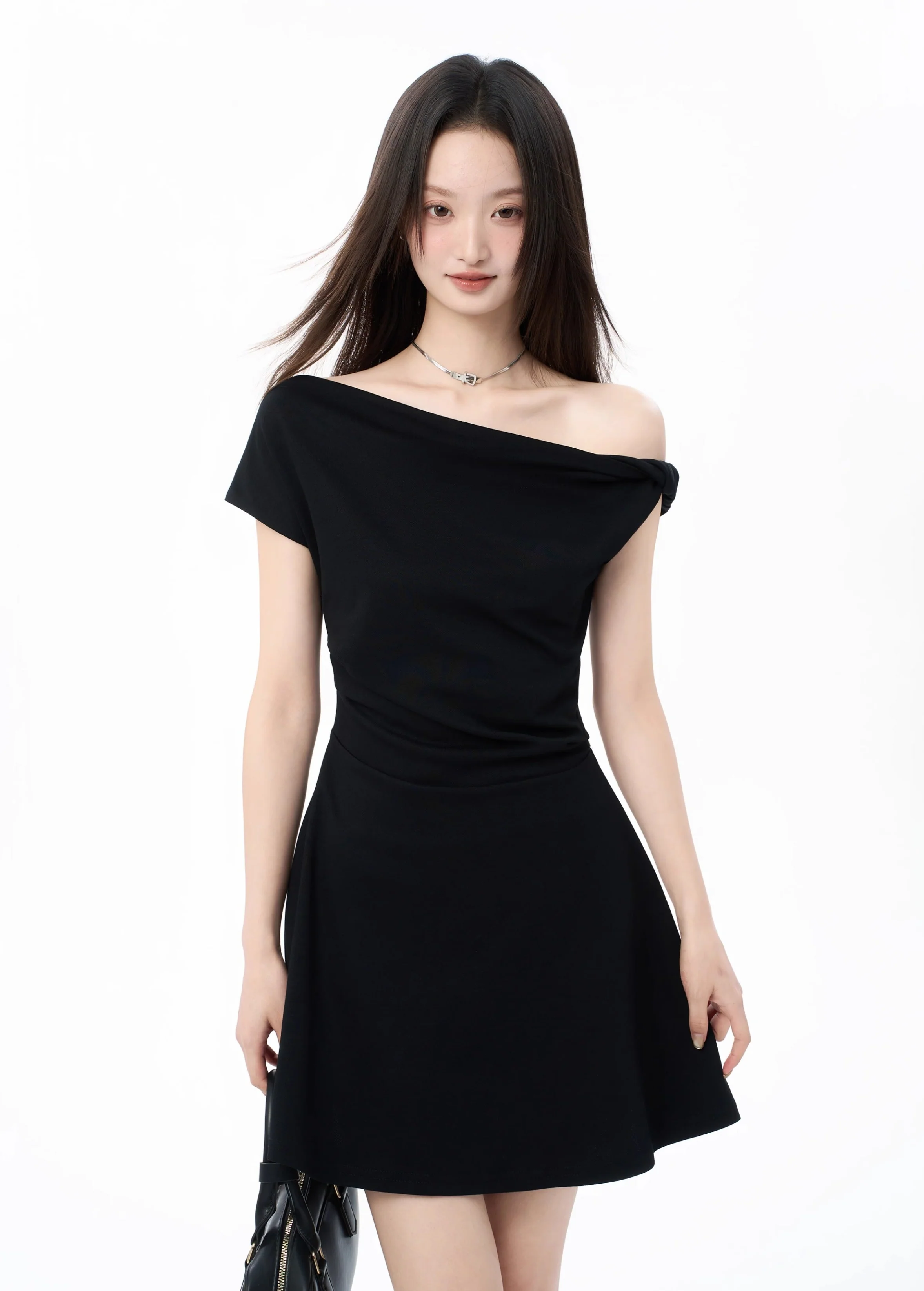 Asymmetric Off Shoulder Short Sleeve Flared Hem Mini Dress - Image 3