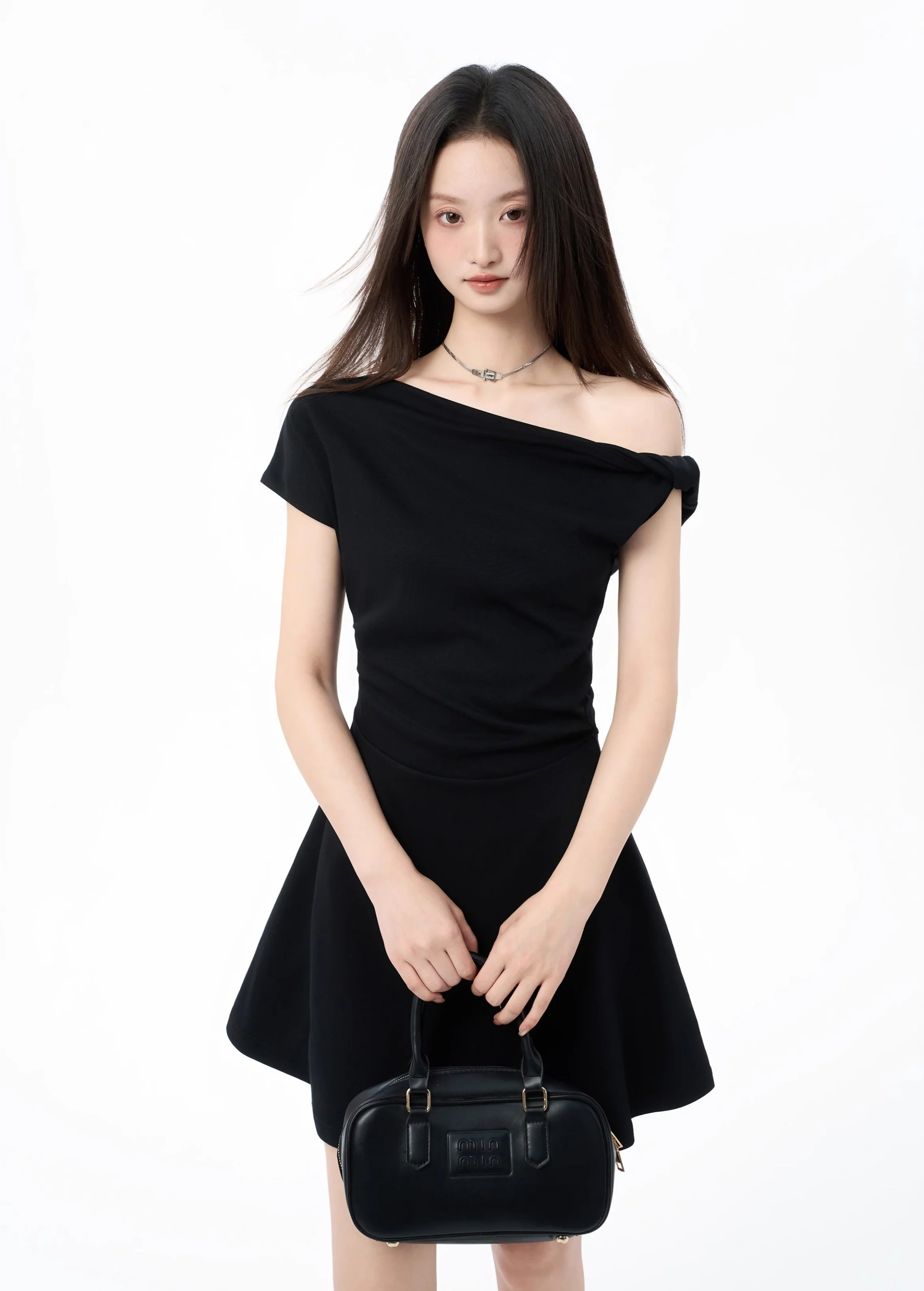 Asymmetric Off Shoulder Short Sleeve Flared Hem Mini Dress - Image 4