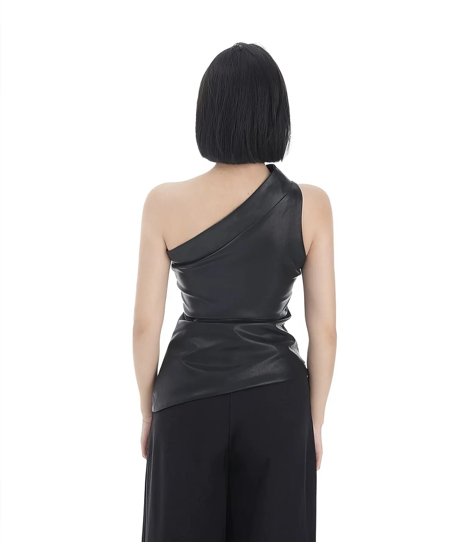 Asymmetric One-Shoulder Faux Leather Sleeveless Top - Image 3